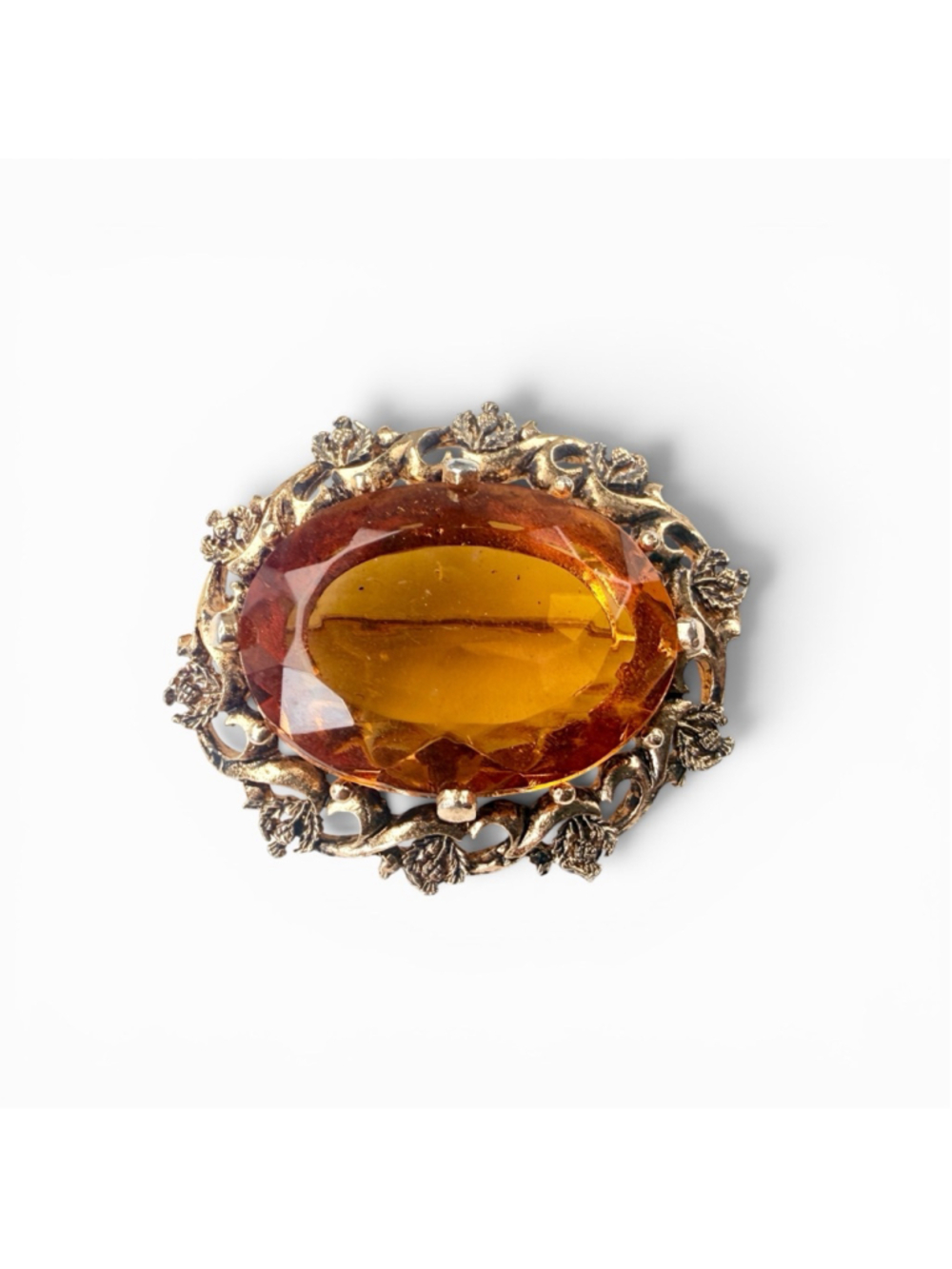 Vintage Scottish Thistle Brooch Cairngorm Style Amber Glass Gold Tone Large